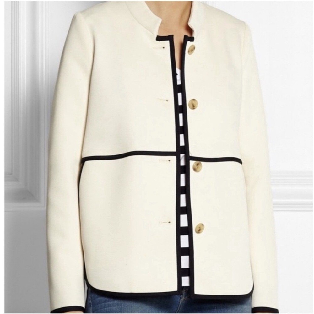 J.Crew Tipped Twill Jacket Blazer Cream Ivory Black Trim Mandarin Collar Size 2